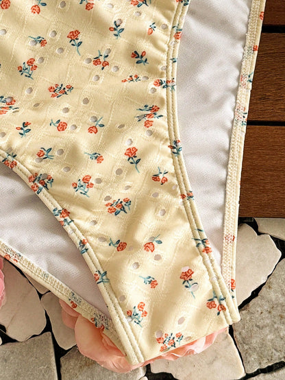 Swim Mod Yellow Summer Textured Fabric Small Ditsy Floral Cute Hot-Selling Push-Up Tie-Up Skirt Hem Beach Vacation Party Camisole Bikini Swimsuit Set For Women