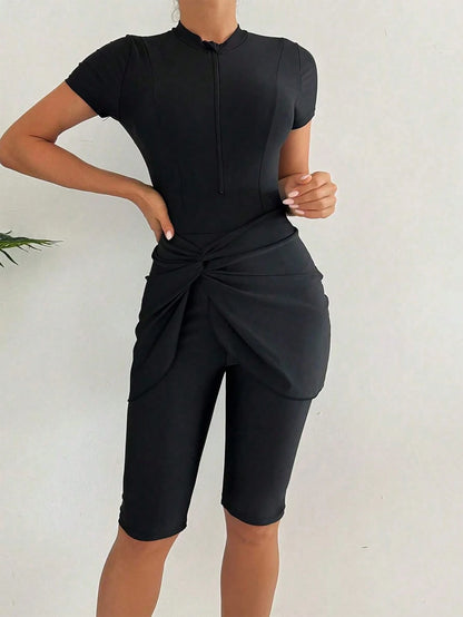 Swim Mulvari 3pcs/Set Women Solid Color Crew Neck Short Sleeve Zipper Burkini Top, Swim Shorts And Mini Skirt Swimsuit, Sports Surfwear SummerArabic Clothing