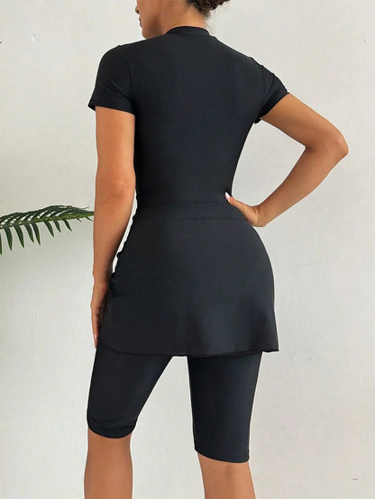 Swim Mulvari 3pcs/Set Women Solid Color Crew Neck Short Sleeve Zipper Burkini Top, Swim Shorts And Mini Skirt Swimsuit, Sports Surfwear SummerArabic Clothing