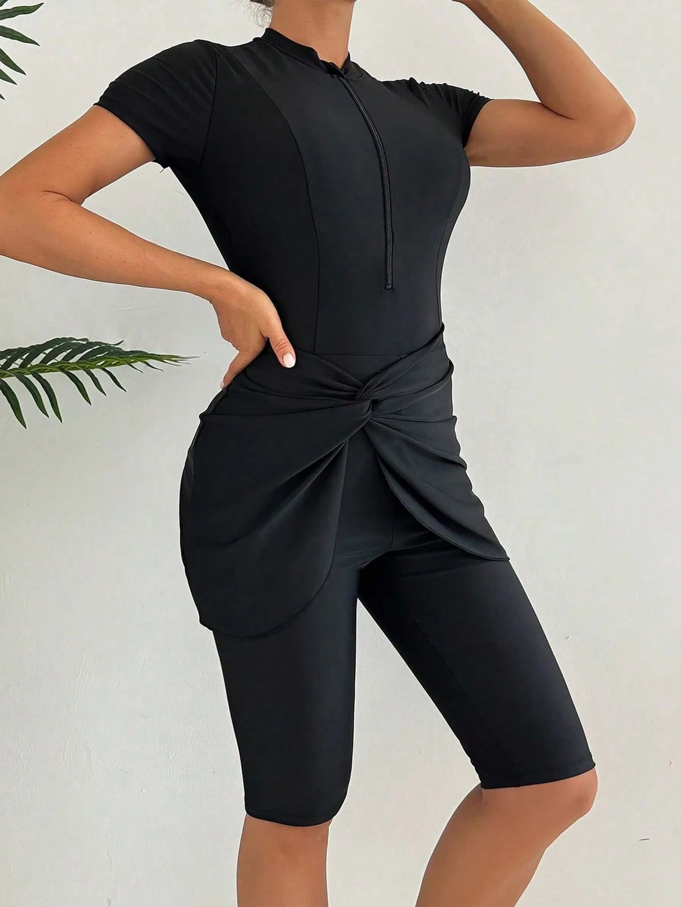 Swim Mulvari 3pcs/Set Women Solid Color Crew Neck Short Sleeve Zipper Burkini Top, Swim Shorts And Mini Skirt Swimsuit, Sports Surfwear SummerArabic Clothing