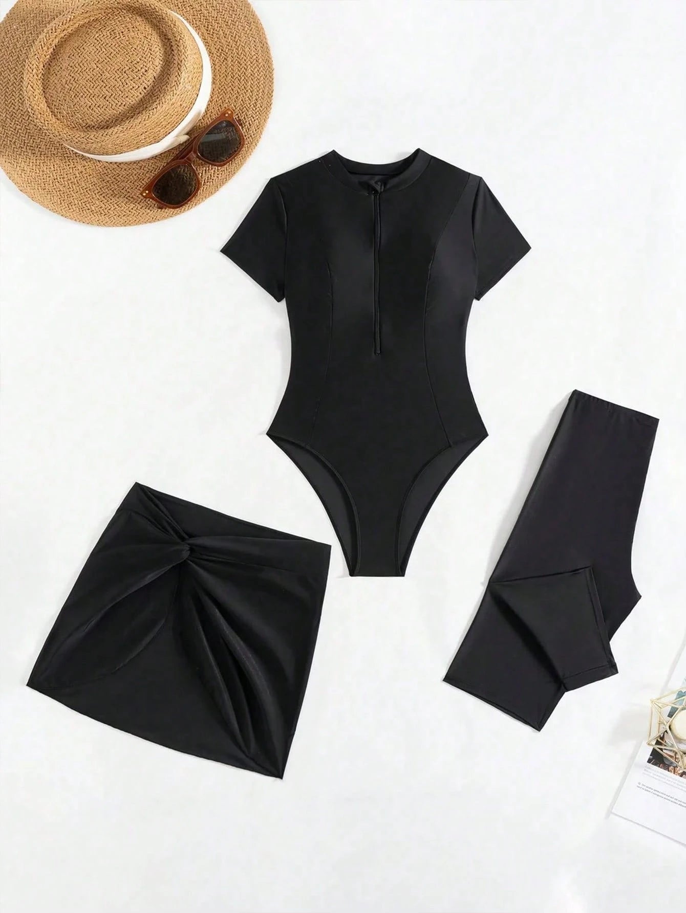 Swim Mulvari 3pcs/Set Women Solid Color Crew Neck Short Sleeve Zipper Burkini Top, Swim Shorts And Mini Skirt Swimsuit, Sports Surfwear SummerArabic Clothing