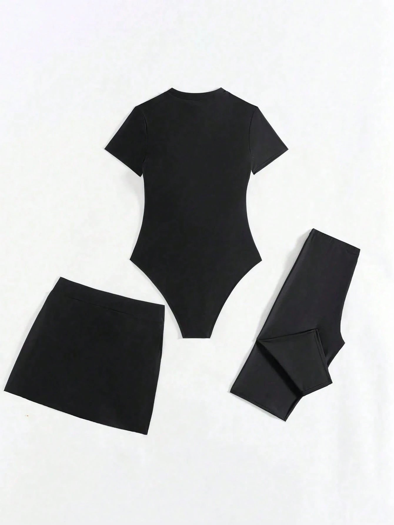 Swim Mulvari 3pcs/Set Women Solid Color Crew Neck Short Sleeve Zipper Burkini Top, Swim Shorts And Mini Skirt Swimsuit, Sports Surfwear SummerArabic Clothing