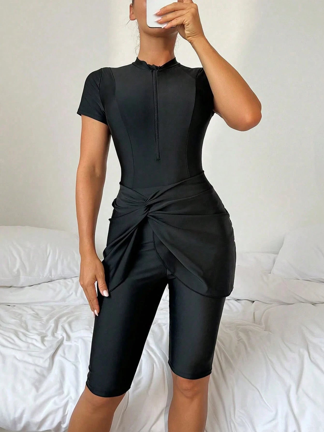 Swim Mulvari 3pcs/Set Women Solid Color Crew Neck Short Sleeve Zipper Burkini Top, Swim Shorts And Mini Skirt Swimsuit, Sports Surfwear SummerArabic Clothing