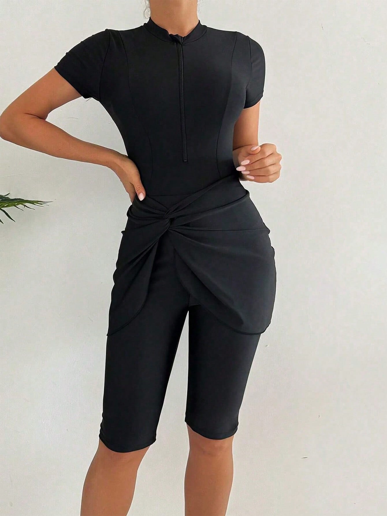 Swim Mulvari 3pcs/Set Women Solid Color Crew Neck Short Sleeve Zipper Burkini Top, Swim Shorts And Mini Skirt Swimsuit, Sports Surfwear SummerArabic Clothing