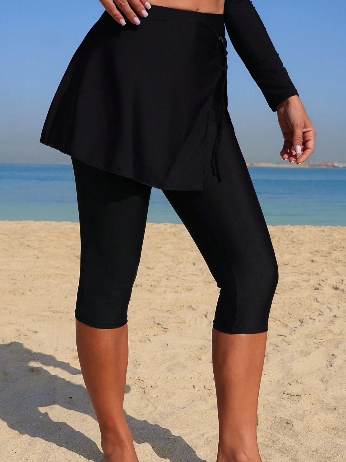 Swim Mulvari New Summer Women Side Slit Skirt With Ring Pleated Black Casual Vacation Pants Skirt