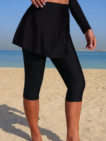 Swim Mulvari New Summer Women Side Slit Skirt With Ring Pleated Black Casual Vacation Pants Skirt