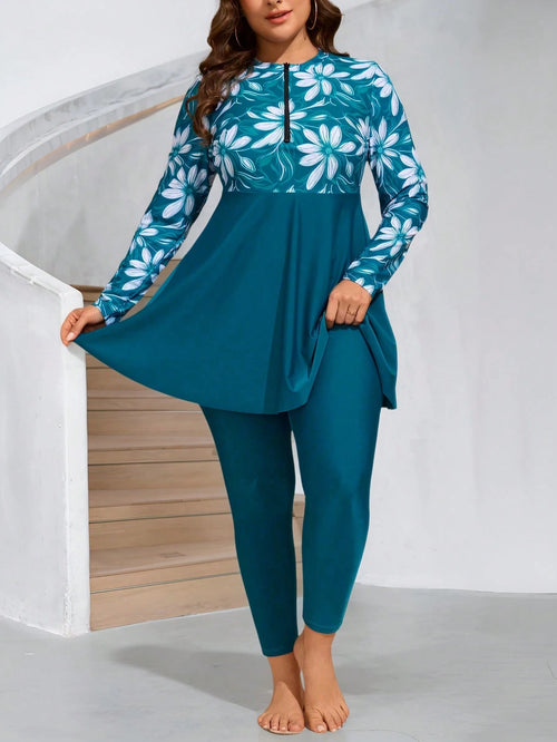Swim Mulvari Plus Size Women 2 Pieces Long Modest Floral Print Dress With Zipper Front Pullover, Casual Vacation Swimwear, Cover Up Burkinis For Summer