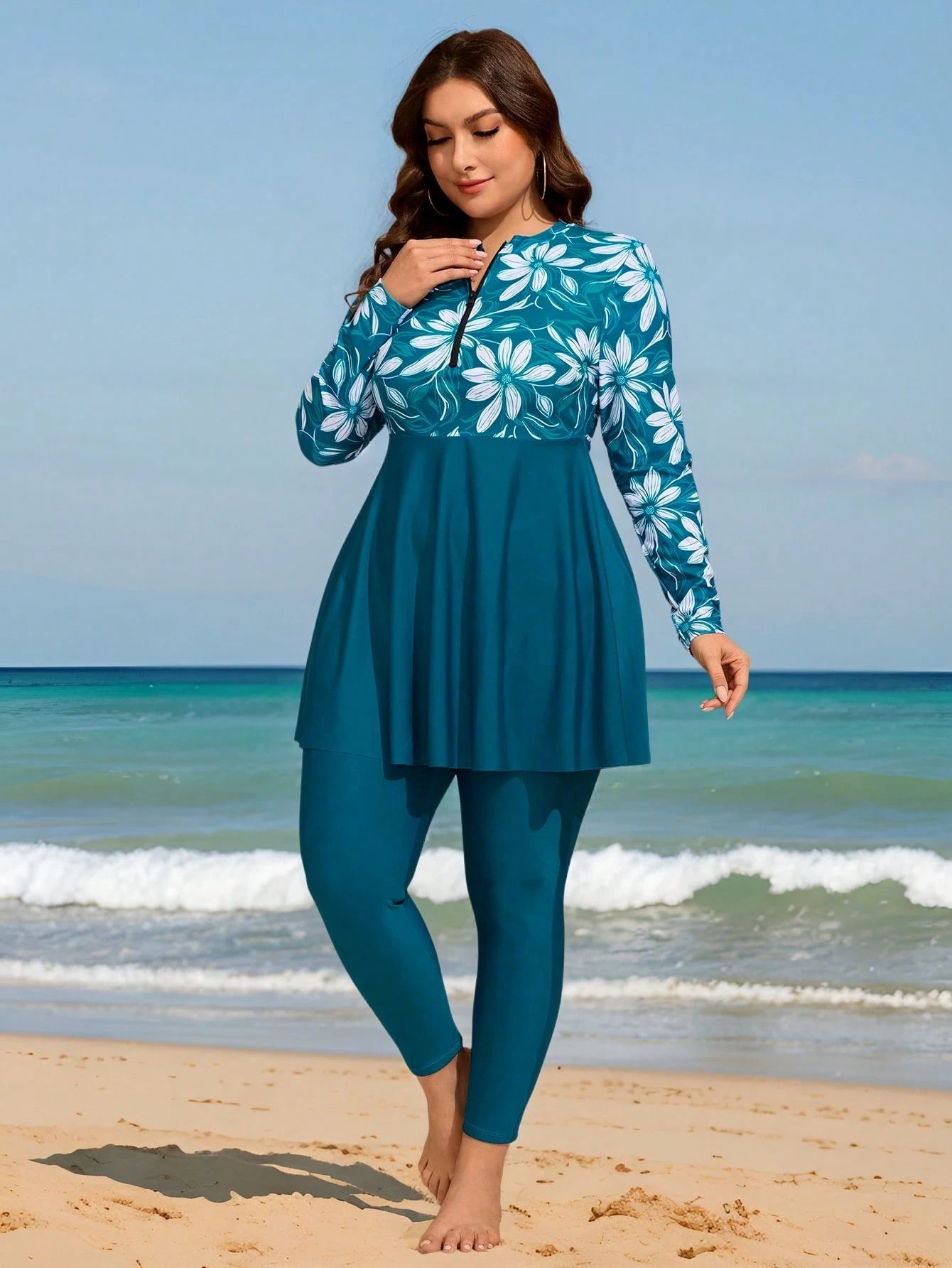 Swim Mulvari Plus Size Women 2 Pieces Long Modest Floral Print Dress With Zipper Front Pullover, Casual Vacation Swimwear, Cover Up Burkinis For Summer