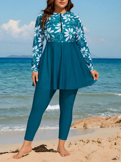Swim Mulvari Plus Size Women 2 Pieces Long Modest Floral Print Dress With Zipper Front Pullover, Casual Vacation Swimwear, Cover Up Burkinis For Summer
