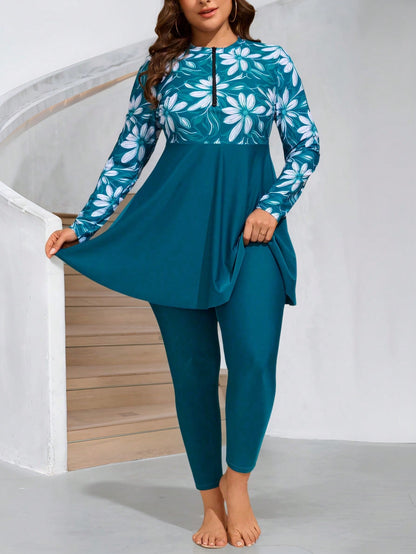 Swim Mulvari Plus Size Women 2 Pieces Long Modest Floral Print Dress With Zipper Front Pullover, Casual Vacation Swimwear, Cover Up Burkinis For Summer