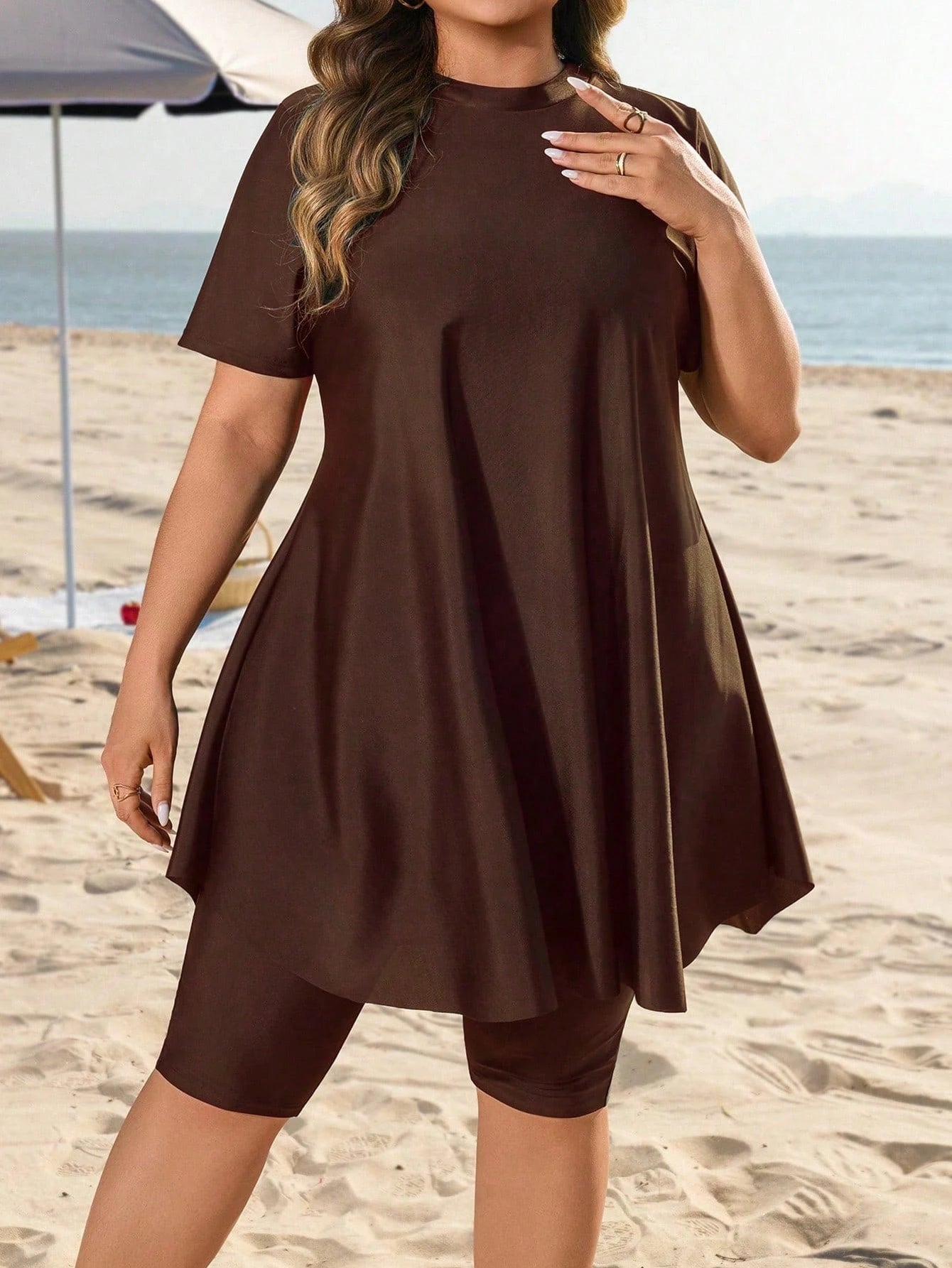 Swim Mulvari Plus Size Women 2pcs Loose Mid-Length Modest Sunscreen Vacation Burkini Swimwear Set Beach Brown Summer