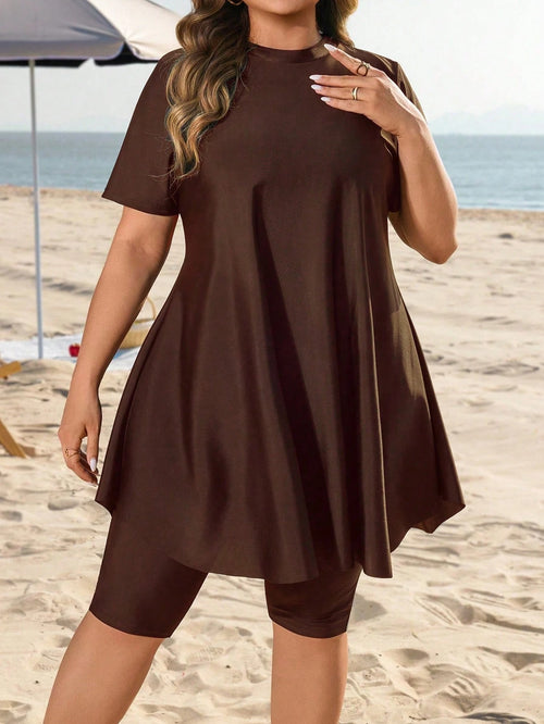 Swim Mulvari Plus Size Women 2pcs Loose Mid-Length Modest Sunscreen Vacation Burkini Swimwear Set Beach Brown Summer