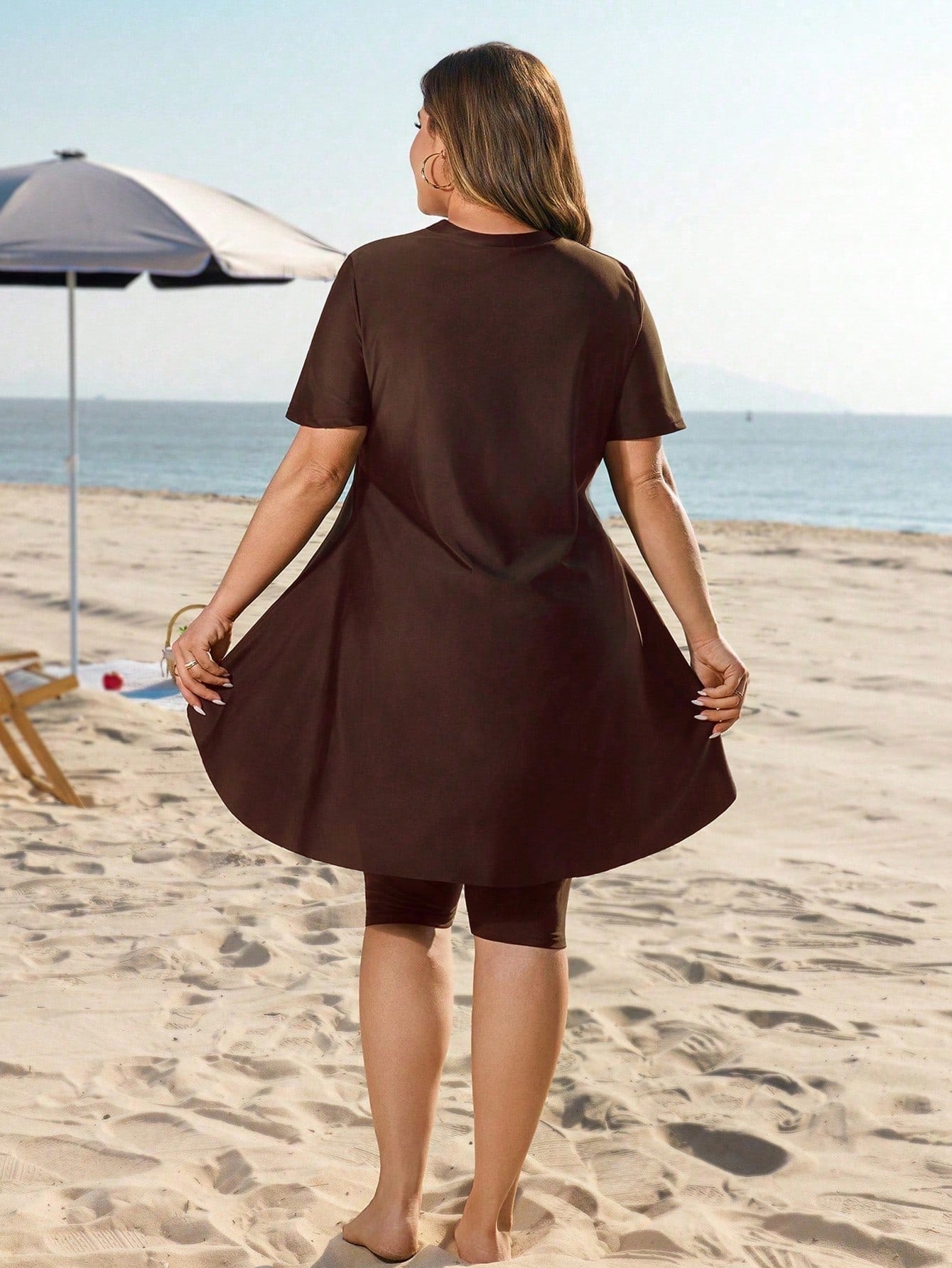 Swim Mulvari Plus Size Women 2pcs Loose Mid-Length Modest Sunscreen Vacation Burkini Swimwear Set Beach Brown Summer