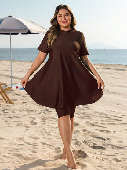 Swim Mulvari Plus Size Women 2pcs Loose Mid-Length Modest Sunscreen Vacation Burkini Swimwear Set Beach Brown Summer