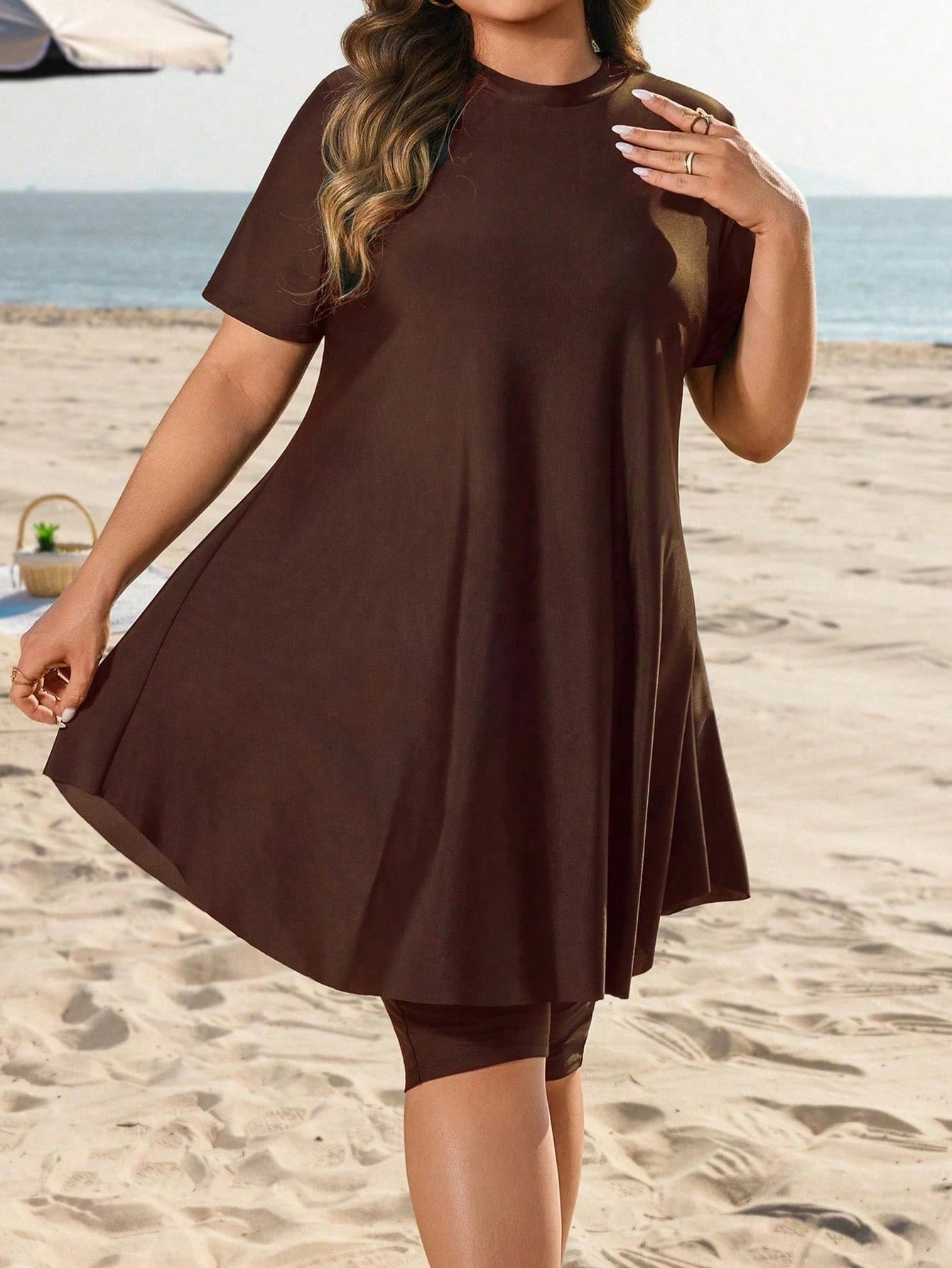 Swim Mulvari Plus Size Women 2pcs Loose Mid-Length Modest Sunscreen Vacation Burkini Swimwear Set Beach Brown Summer