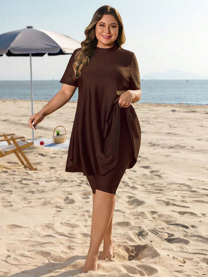 Swim Mulvari Plus Size Women 2pcs Loose Mid-Length Modest Sunscreen Vacation Burkini Swimwear Set Beach Brown Summer