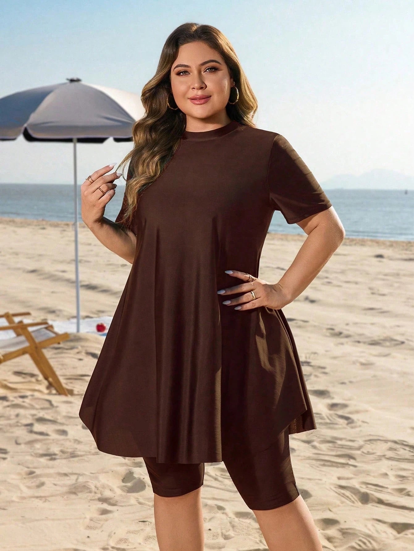Swim Mulvari Plus Size Women 2pcs Loose Mid-Length Modest Sunscreen Vacation Burkini Swimwear Set Beach Brown Summer