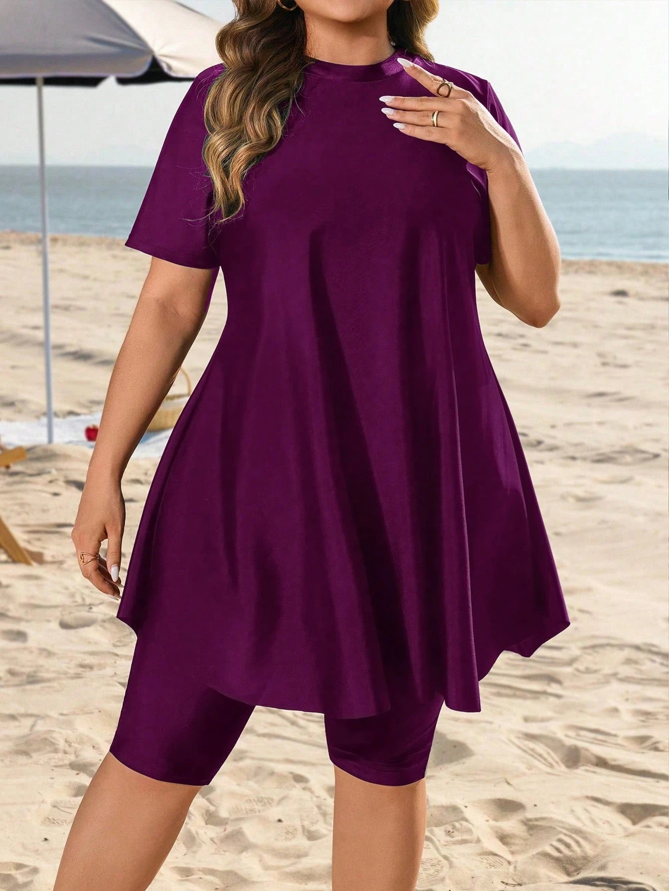 Swim Mulvari Plus Size Women 2pcs Loose Mid-Length Slimming Tummy Control Conservative Sun Protection Vacation Burkini Swimsuit Set