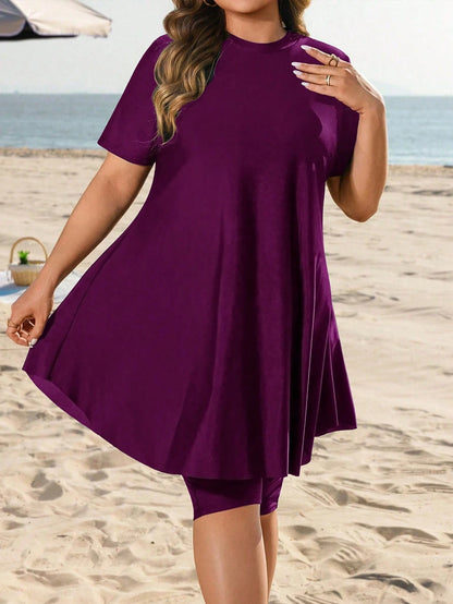Swim Mulvari Plus Size Women 2pcs Loose Mid-Length Slimming Tummy Control Conservative Sun Protection Vacation Burkini Swimsuit Set