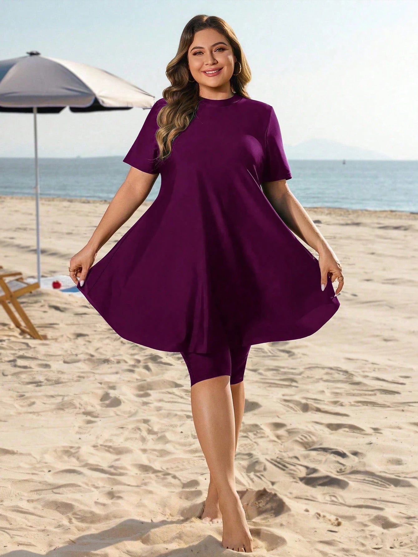 Swim Mulvari Plus Size Women 2pcs Loose Mid-Length Slimming Tummy Control Conservative Sun Protection Vacation Burkini Swimsuit Set