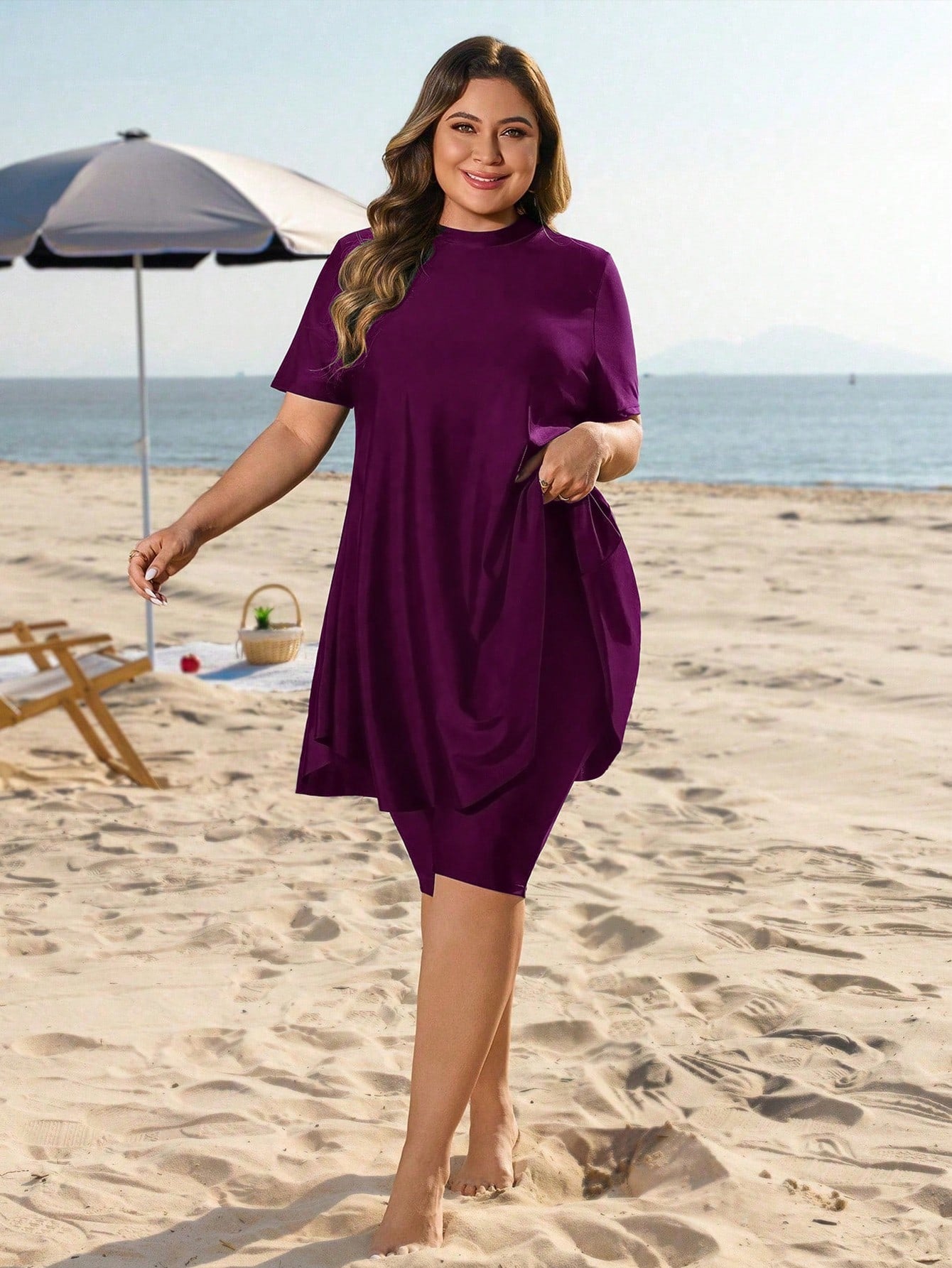 Swim Mulvari Plus Size Women 2pcs Loose Mid-Length Slimming Tummy Control Conservative Sun Protection Vacation Burkini Swimsuit Set