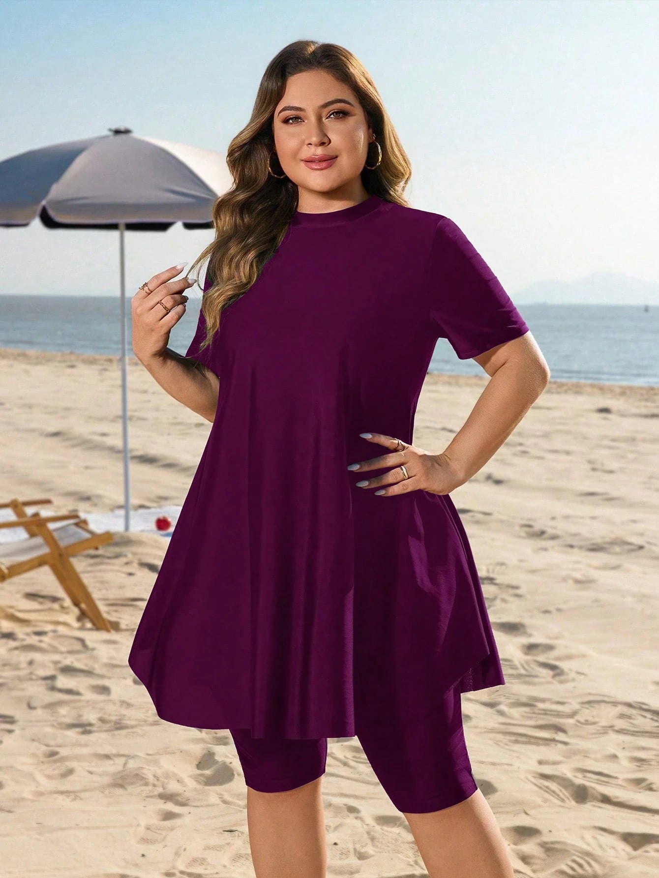 Swim Mulvari Plus Size Women 2pcs Loose Mid-Length Slimming Tummy Control Conservative Sun Protection Vacation Burkini Swimsuit Set