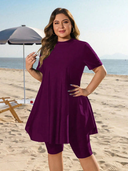 Swim Mulvari Plus Size Women 2pcs Loose Mid-Length Slimming Tummy Control Conservative Sun Protection Vacation Burkini Swimsuit Set