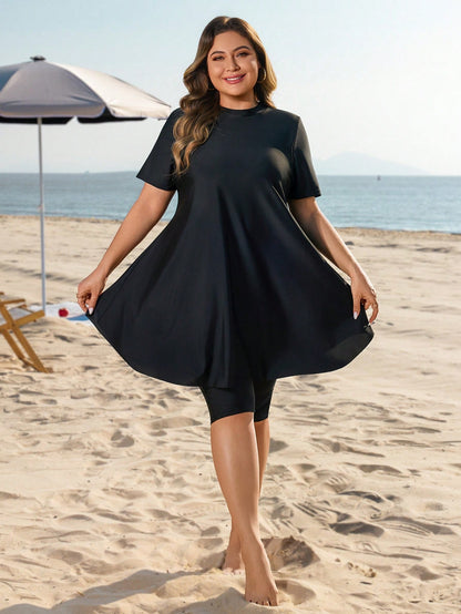Swim Mulvari Plus Size Women 2pcs Loose Mid-Length Slimming Tummy Control Conservative Sun Protection Vacation Burkini Swimsuit Set