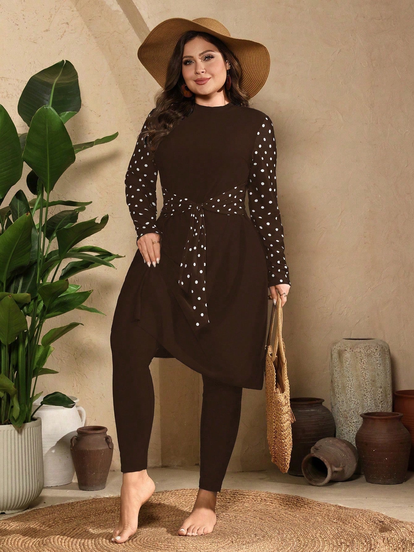 Swim Mulvari Plus Size Women Solid Color Top With Polka Dot Print Sleeves And Solid Color Long Pants 2pcs Set Vacation Beach Outfit Bikini Swimsuit