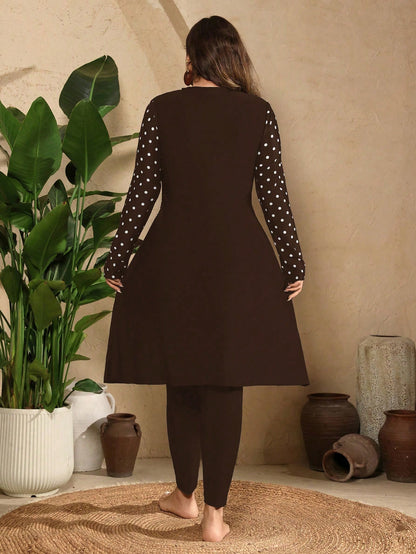 Swim Mulvari Plus Size Women Solid Color Top With Polka Dot Print Sleeves And Solid Color Long Pants 2pcs Set Vacation Beach Outfit Bikini Swimsuit
