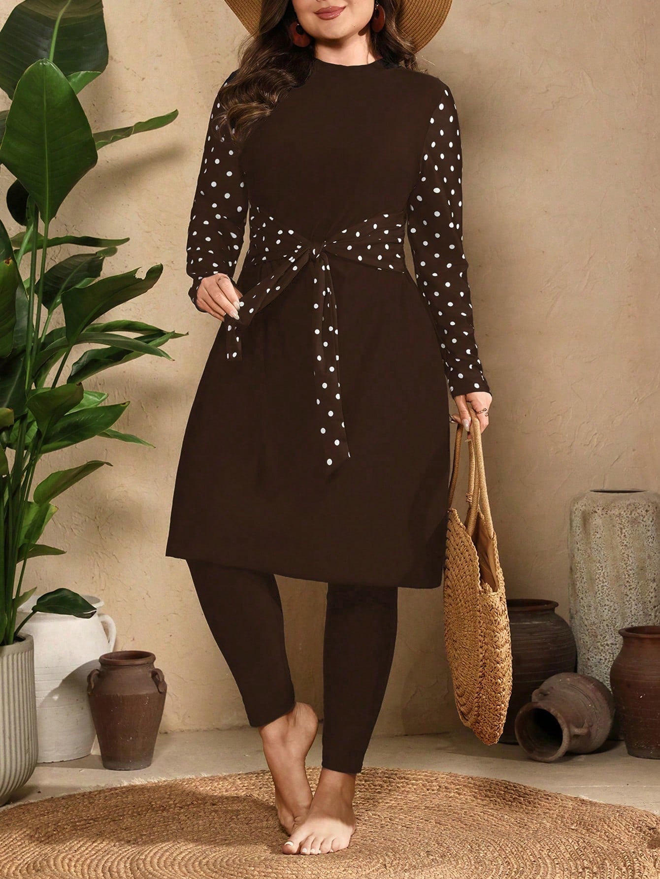 Swim Mulvari Plus Size Women Solid Color Top With Polka Dot Print Sleeves And Solid Color Long Pants 2pcs Set Vacation Beach Outfit Bikini Swimsuit