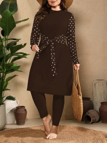Swim Mulvari Plus Size Women Solid Color Top With Polka Dot Print Sleeves And Solid Color Long Pants 2pcs Set Vacation Beach Outfit Bikini Swimsuit