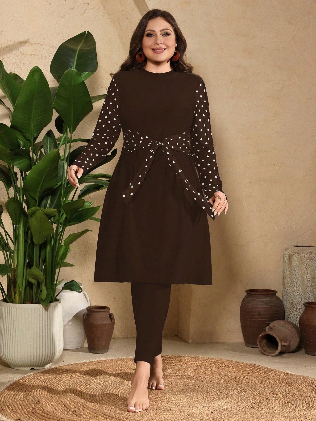 Swim Mulvari Plus Size Women Solid Color Top With Polka Dot Print Sleeves And Solid Color Long Pants 2pcs Set Vacation Beach Outfit Bikini Swimsuit