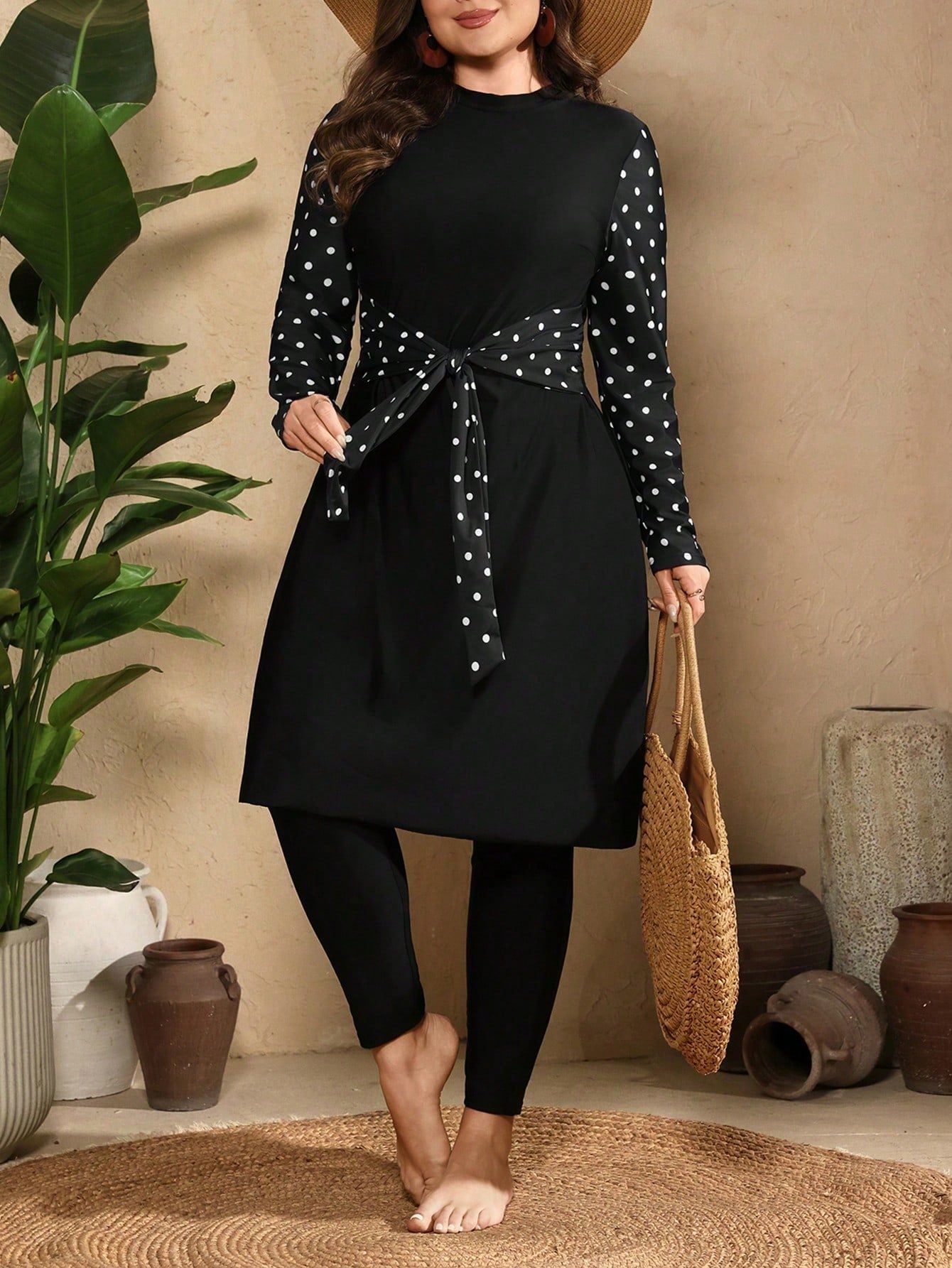 Swim Mulvari Plus Size Women Solid Color Top With Polka Dot Print Sleeves And Solid Color Long Pants 2pcs Set Vacation Beach Outfit Bikini Swimsuit
