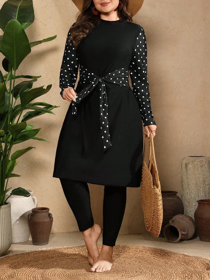Swim Mulvari Plus Size Women Solid Color Top With Polka Dot Print Sleeves And Solid Color Long Pants 2pcs Set Vacation Beach Outfit Bikini Swimsuit