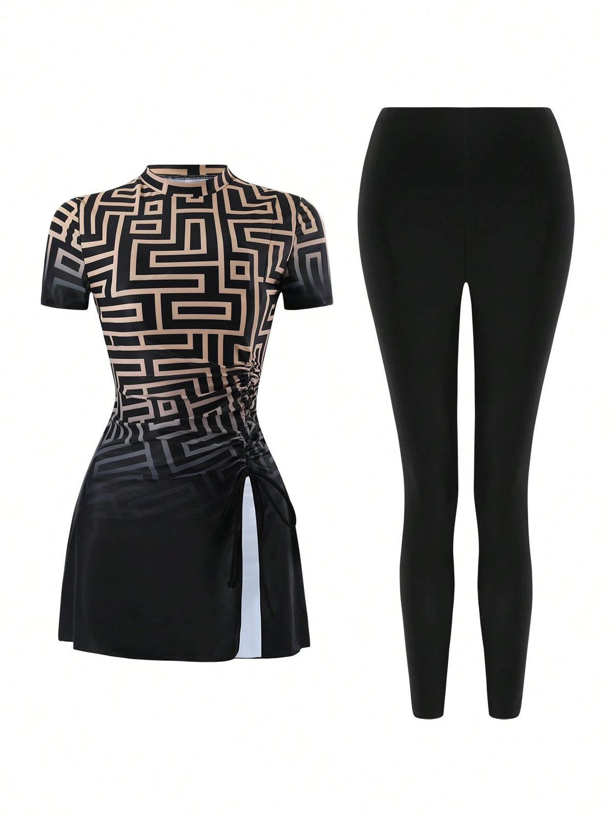 Swim Mulvari Women's Modest Geometric Maze Print Short Sleeve Rash Guard & High Waist Leggings 2 Pieces Swimwear,Islamic Bathing Suit,Black Summer Beach Holiday