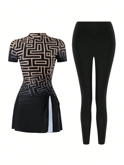 Swim Mulvari Women's Modest Geometric Maze Print Short Sleeve Rash Guard & High Waist Leggings 2 Pieces Swimwear,Islamic Bathing Suit,Black Summer Beach Holiday