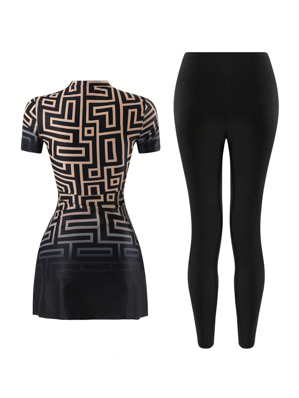 Swim Mulvari Women's Modest Geometric Maze Print Short Sleeve Rash Guard & High Waist Leggings 2 Pieces Swimwear,Islamic Bathing Suit,Black Summer Beach Holiday