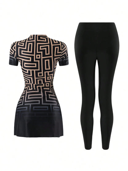 Swim Mulvari Women's Modest Geometric Maze Print Short Sleeve Rash Guard & High Waist Leggings 2 Pieces Swimwear,Islamic Bathing Suit,Black Summer Beach Holiday