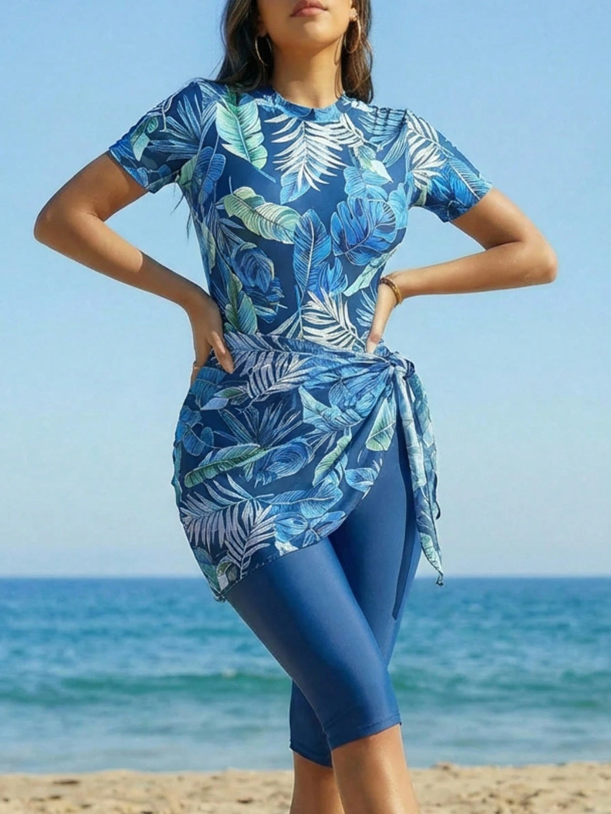 Swim Mulvari Women's Tropical Print Burkini Set, Suitable For Beach Vacation