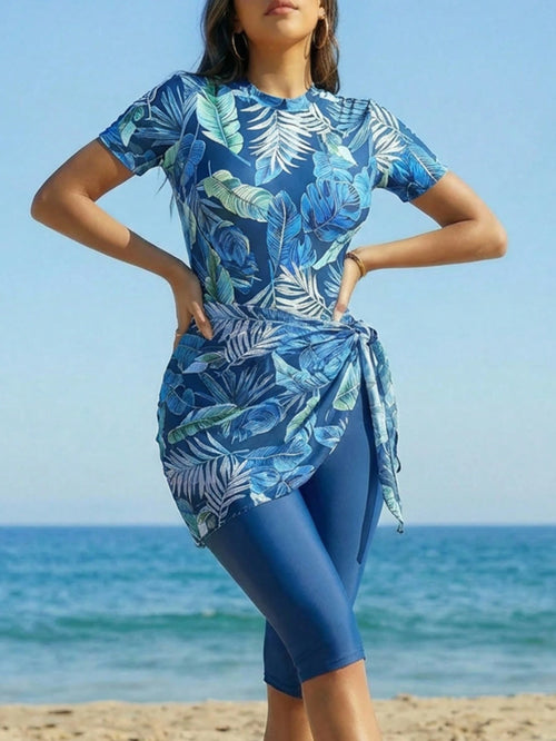 Swim Mulvari Women's Tropical Print Burkini Set, Suitable For Beach Vacation
