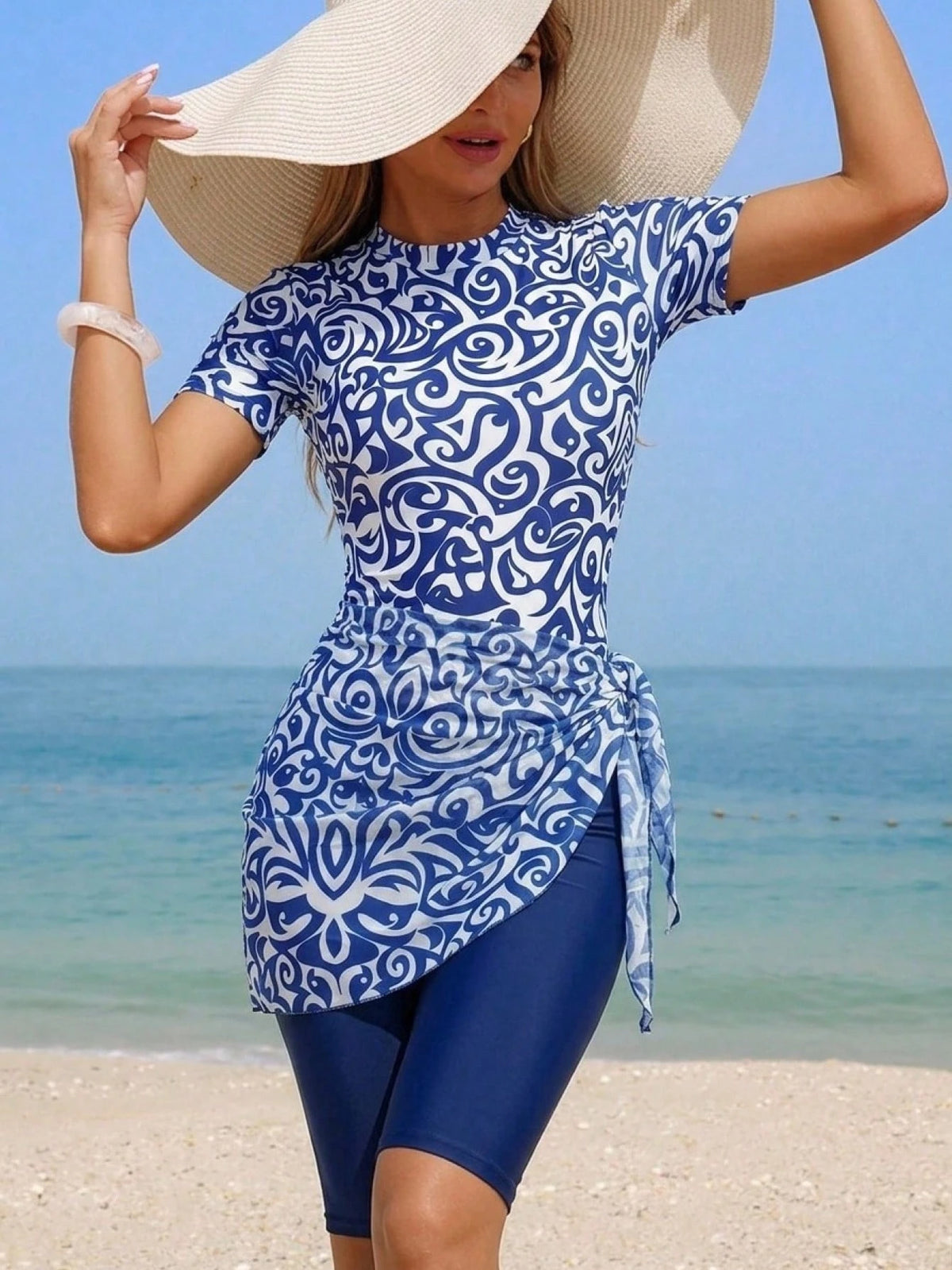 Swim Mulvari Women's Tropical Print Burkini Set, Suitable For Beach Vacation