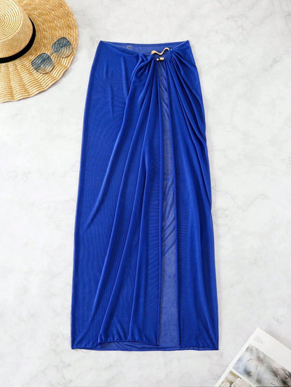 Swim Navy Blue See-Through High Slit Sexy Beach Sarong Skirt Summer