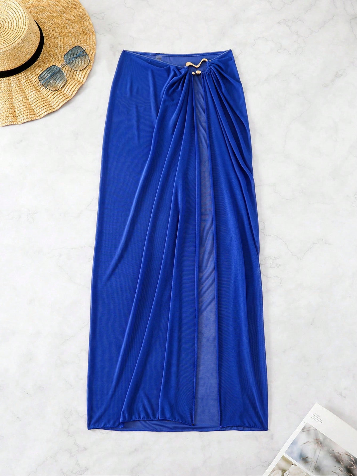 Swim Navy Blue See-Through High Slit Sexy Beach Sarong Skirt Summer