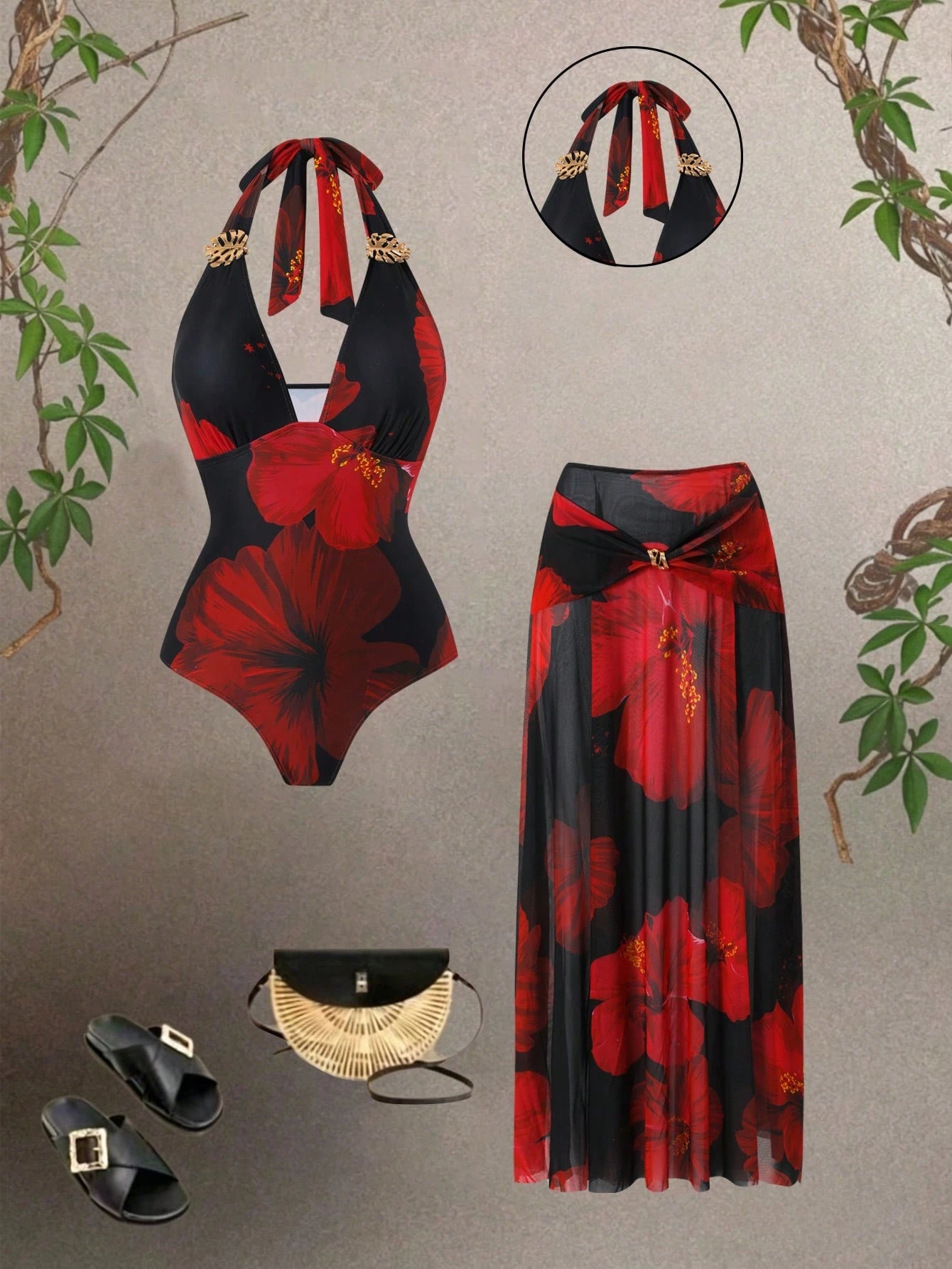 Swim Oasis 2026 New Plus Size Black,Summer,Boho,Beach,Holiday Swimsuit Set,Red Printed Halter V-Neck Strap With Metal Decor,Mesh Overlay Skirt Set