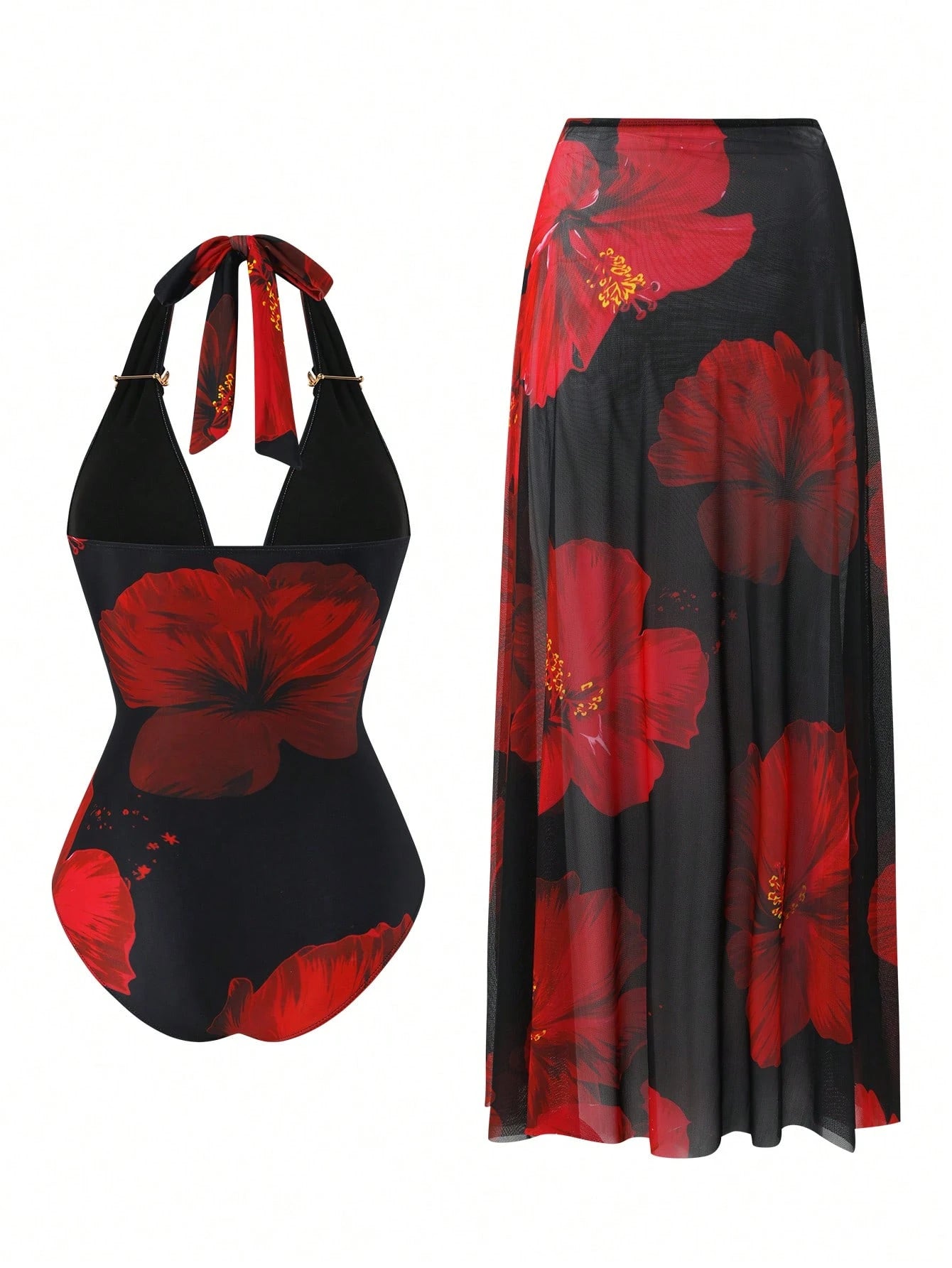Swim Oasis 2026 New Plus Size Black,Summer,Boho,Beach,Holiday Swimsuit Set,Red Printed Halter V-Neck Strap With Metal Decor,Mesh Overlay Skirt Set