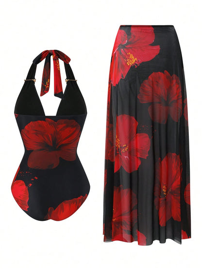 Swim Oasis 2026 New Plus Size Black,Summer,Boho,Beach,Holiday Swimsuit Set,Red Printed Halter V-Neck Strap With Metal Decor,Mesh Overlay Skirt Set