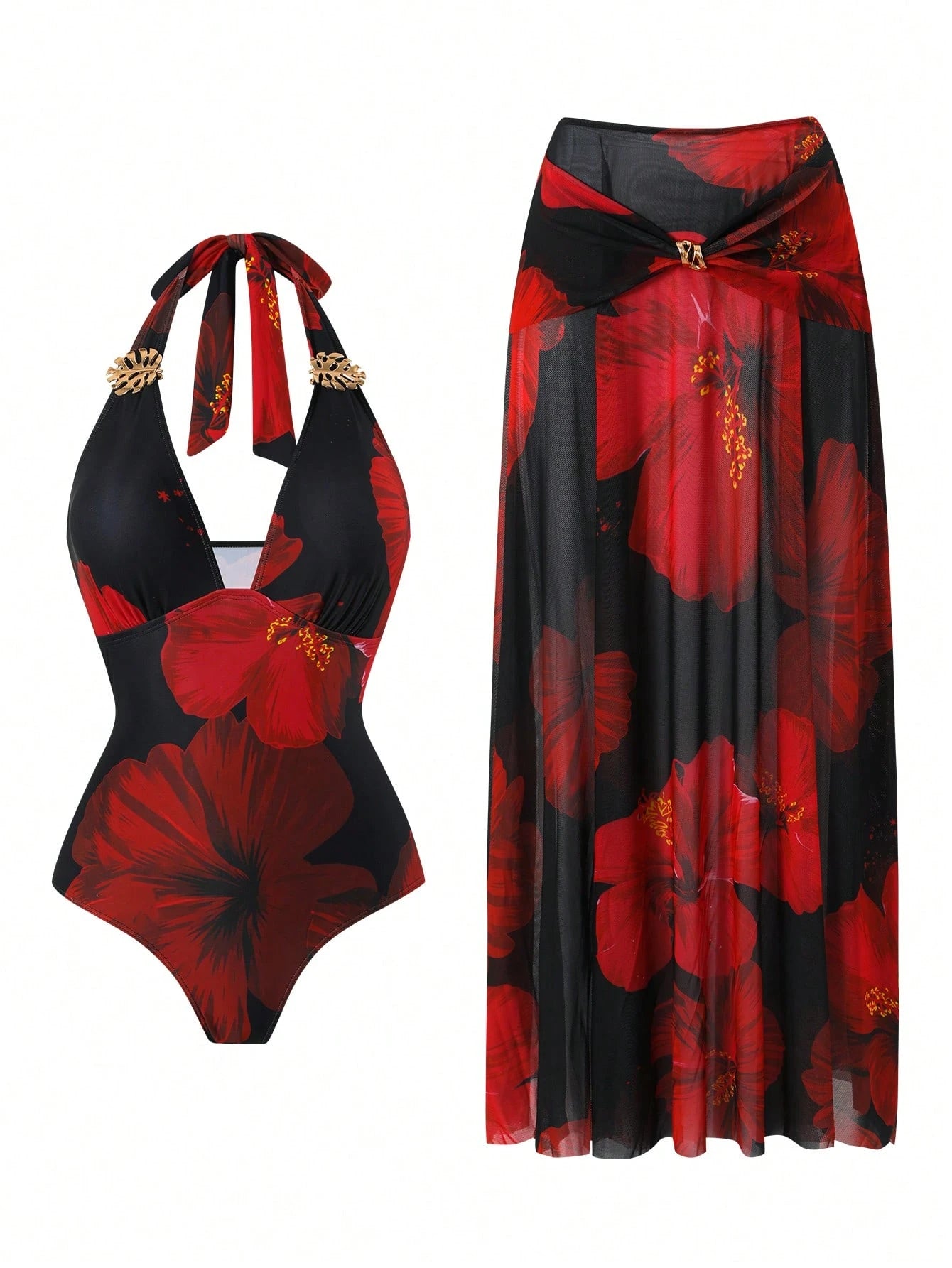 Swim Oasis 2026 New Plus Size Black,Summer,Boho,Beach,Holiday Swimsuit Set,Red Printed Halter V-Neck Strap With Metal Decor,Mesh Overlay Skirt Set