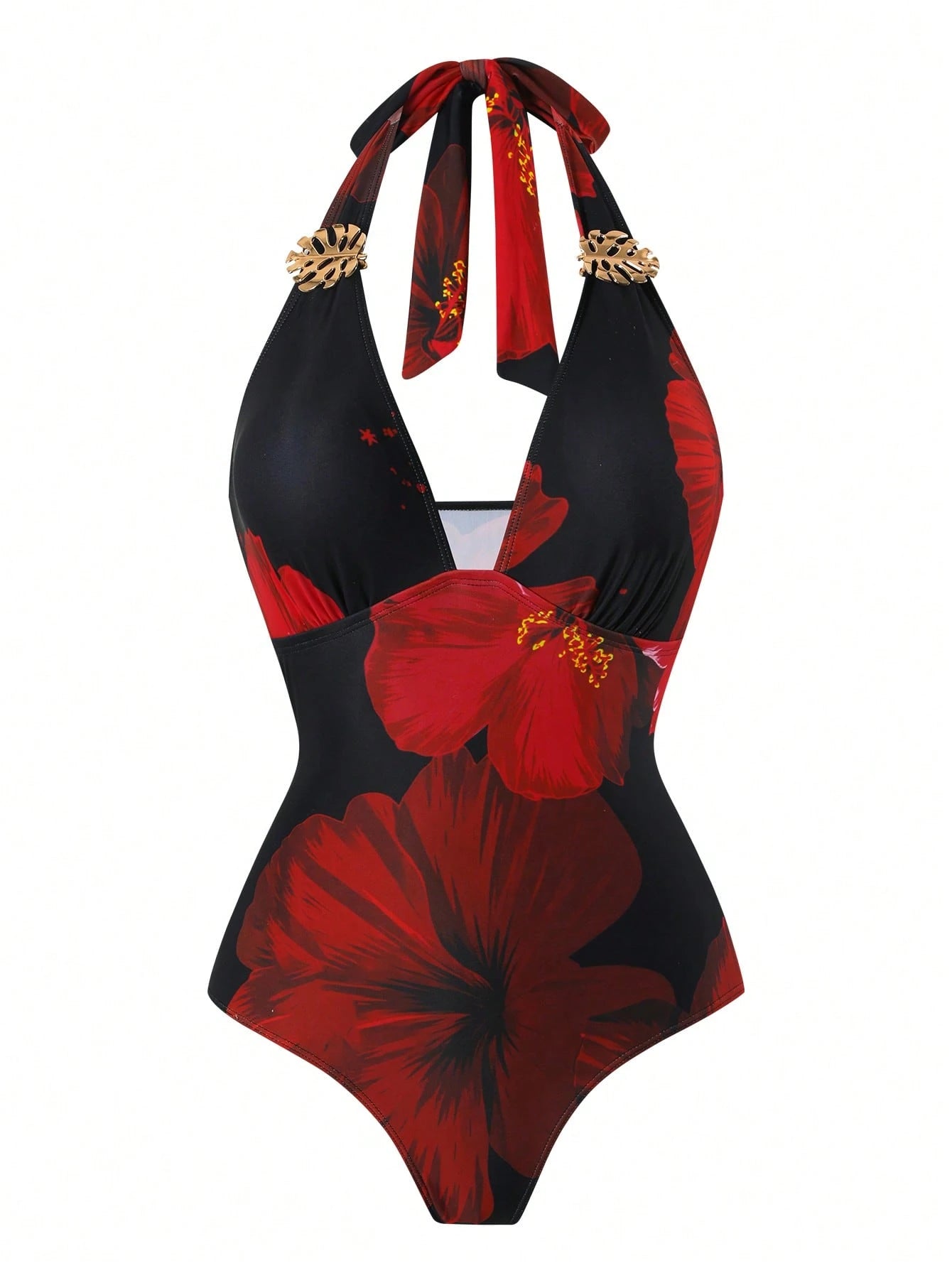 Swim Oasis 2026 New Plus Size Black,Summer,Boho,Beach,Holiday Swimsuit Set,Red Printed Halter V-Neck Strap With Metal Decor,Mesh Overlay Skirt Set