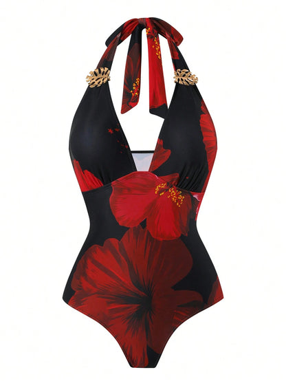 Swim Oasis 2026 New Plus Size Black,Summer,Boho,Beach,Holiday Swimsuit Set,Red Printed Halter V-Neck Strap With Metal Decor,Mesh Overlay Skirt Set